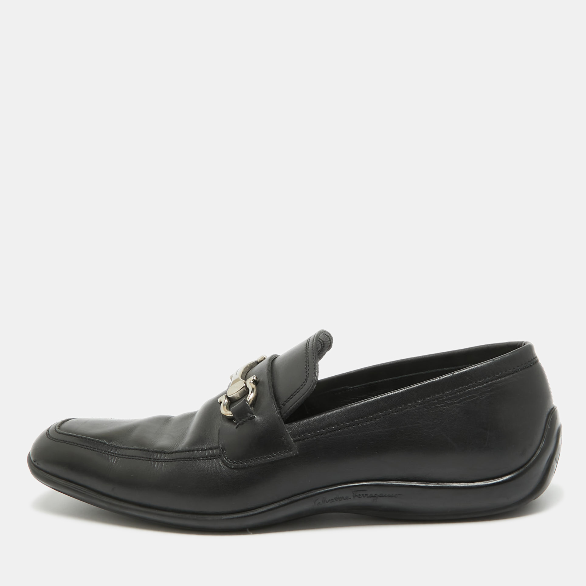 Pre-owned Ferragamo Black Leather Gancini Bit Loafers Size 42