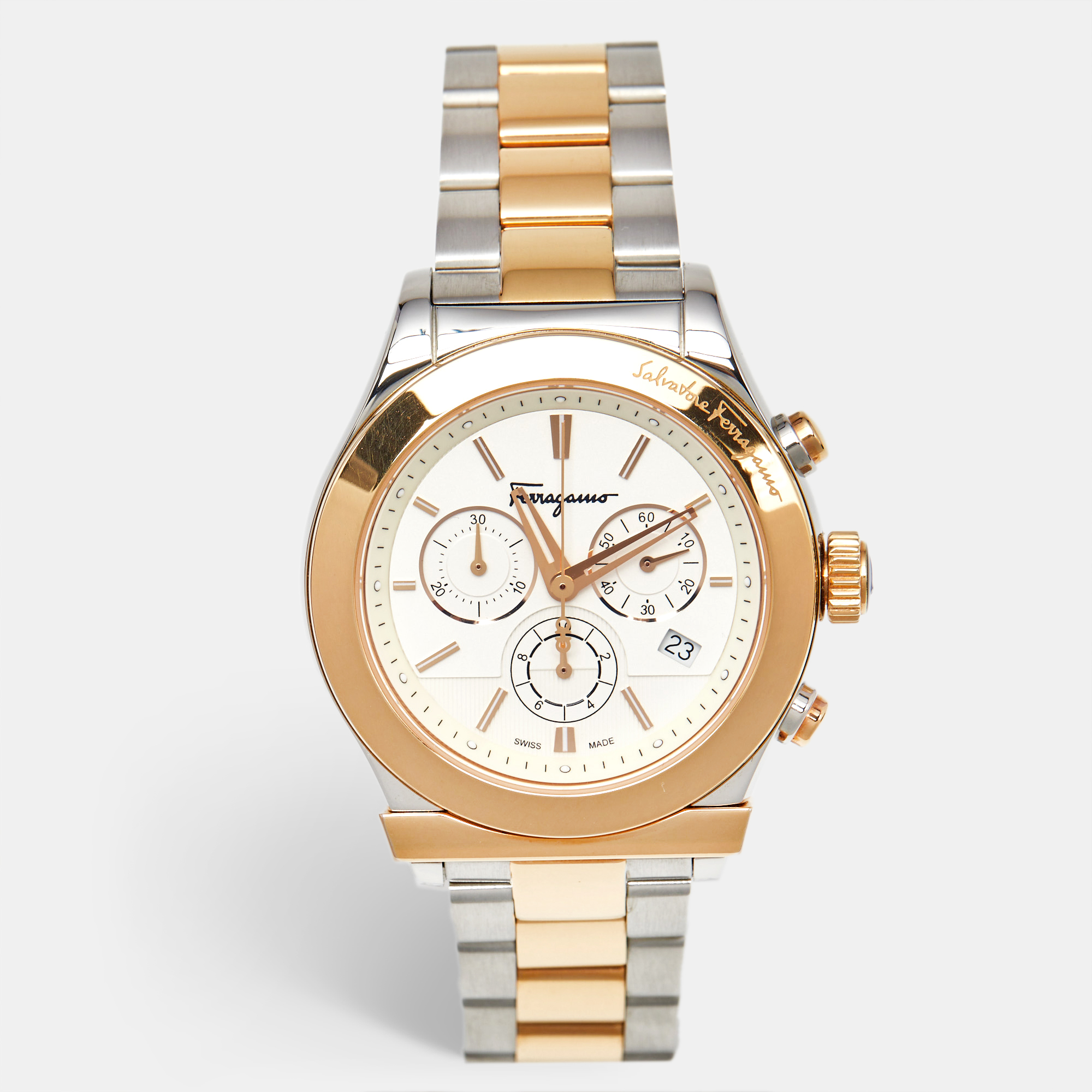 

Salvatore Ferragamo 1898 Series F78LCQ9501 White Dial Two-Tone Stainless Steel Men's Wristwatch 42 mm, Silver