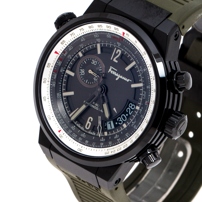 

Salvatore Ferragamo Green Black PVD Coated Stainless Steel F-80 Pilot Men's Wristwatch