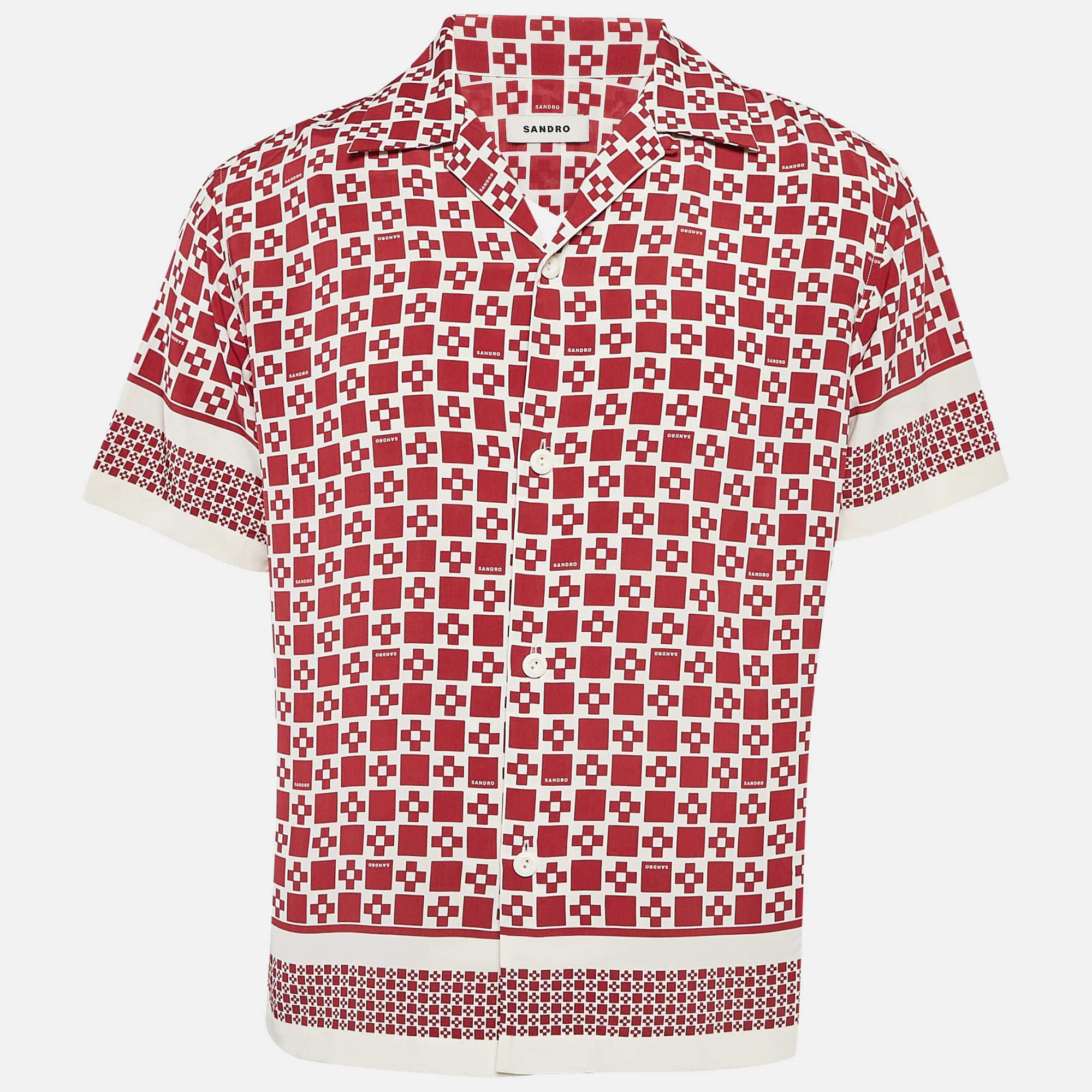 

Sandro Red Print Crepe Short Sleeve Shirt M