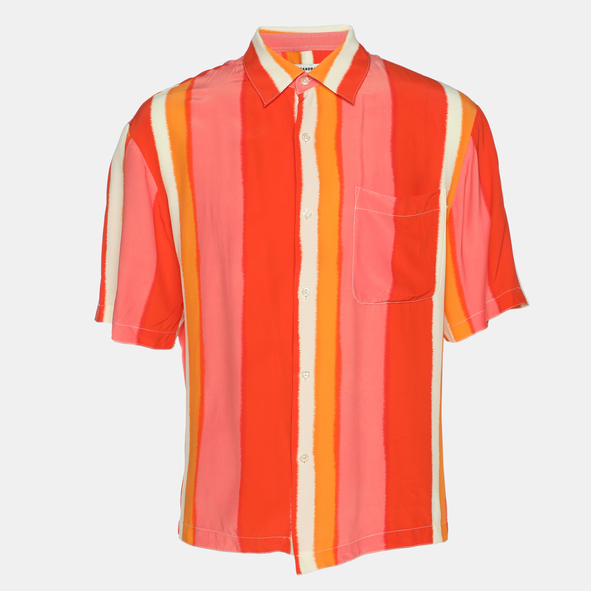 

Sandro Orange Flowing Striped Crepe Short Sleeve Shirt M