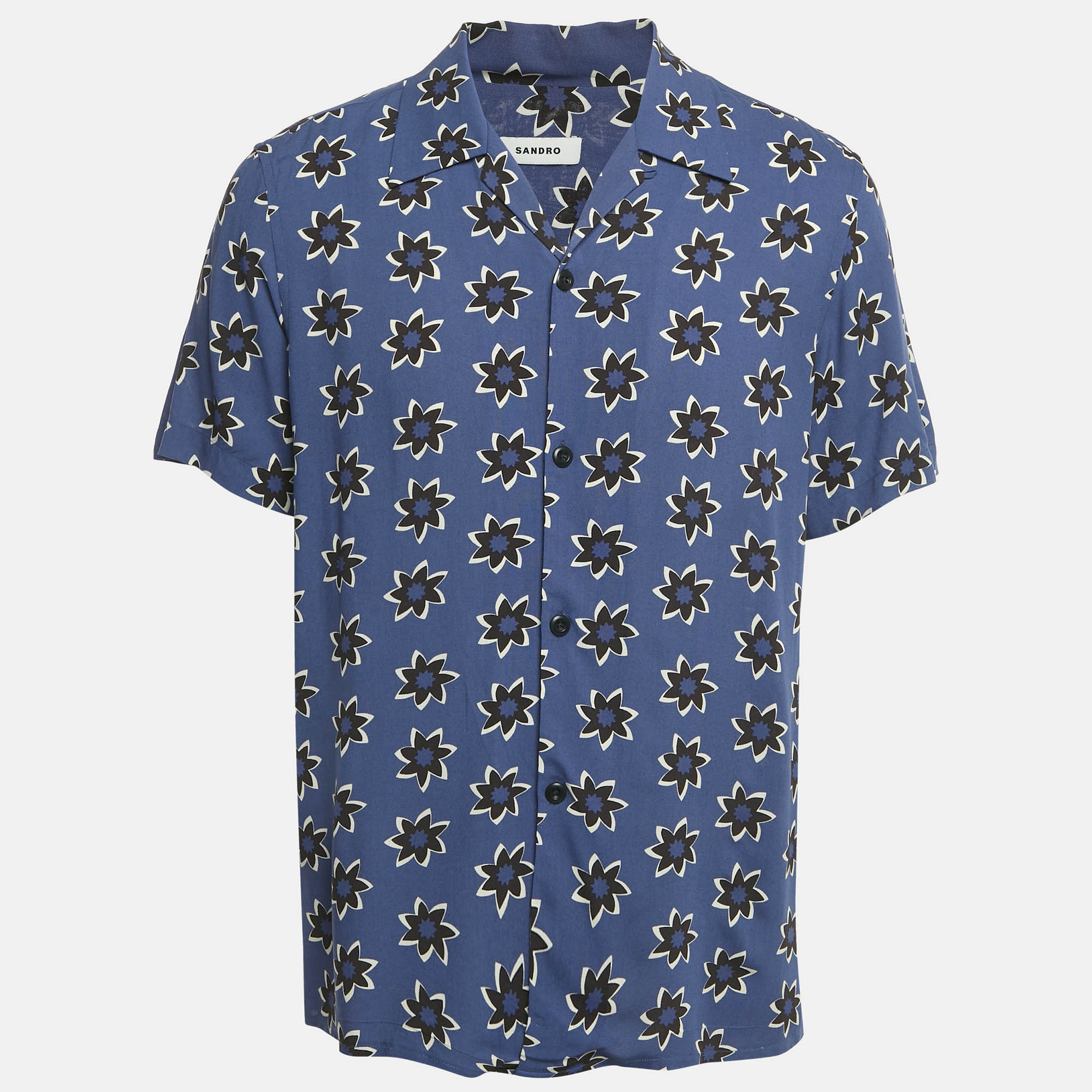 Pre-owned Sandro Blue Floral Print Viscose Half Sleeve Shirt L