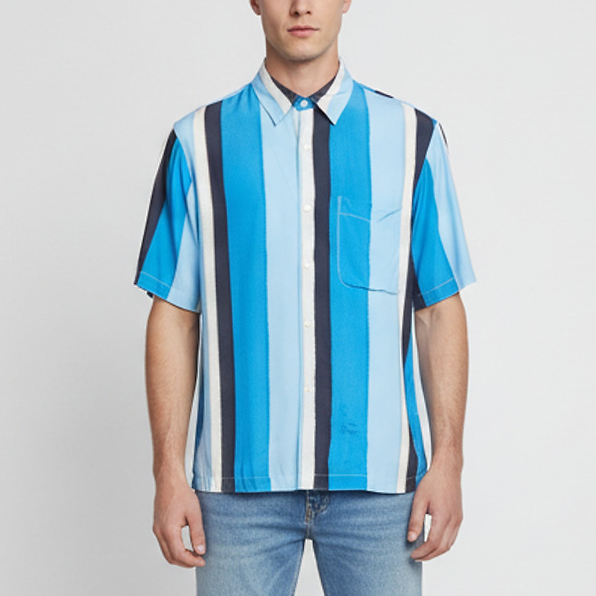 Sandro Blue Flowing Striped Crepe Short-Sleeved Shirt L