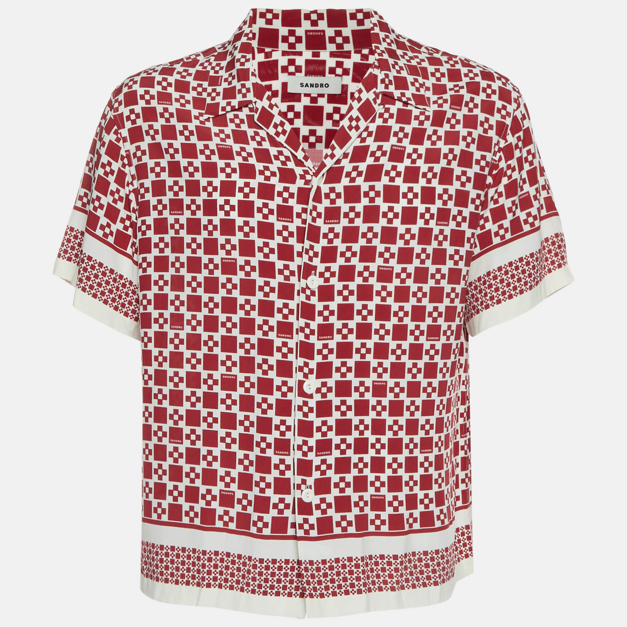 Sandro Red/White Square Cross Print Crepe Shirt L