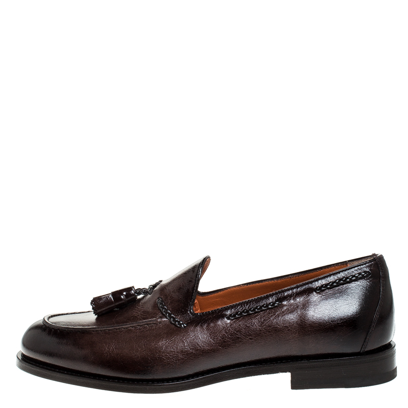 

Santoni Brown Leather Tassel Detail Slip On Loafers Size