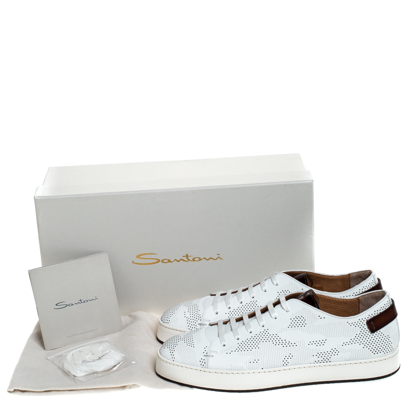 Pre-owned Santoni White Perforated Leather Low Top Sneakers Size 39.5