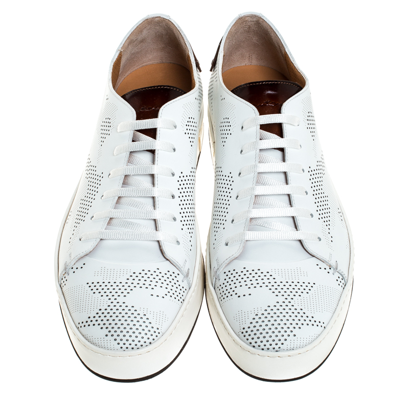 Pre-owned Santoni White Perforated Leather Low Top Sneakers Size 40.5