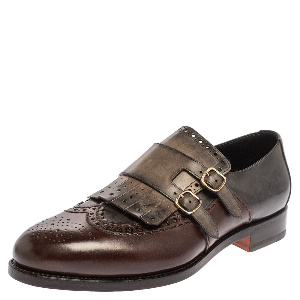 Santoni Brown/Grey Brogue Leather Fringe Monk Oxfords Size 44.5