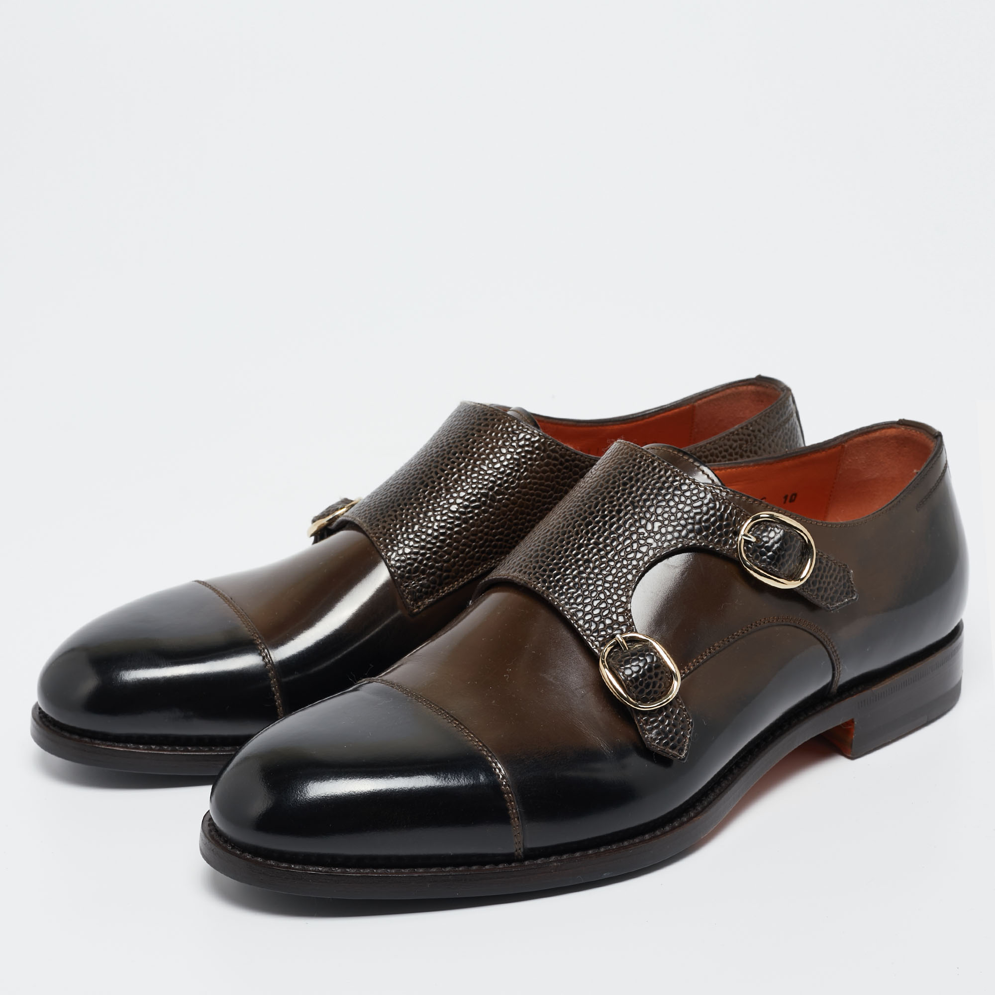 

Santoni Brown/Black Lizard Embossed And Leather Double Buckle Monk Derby Size