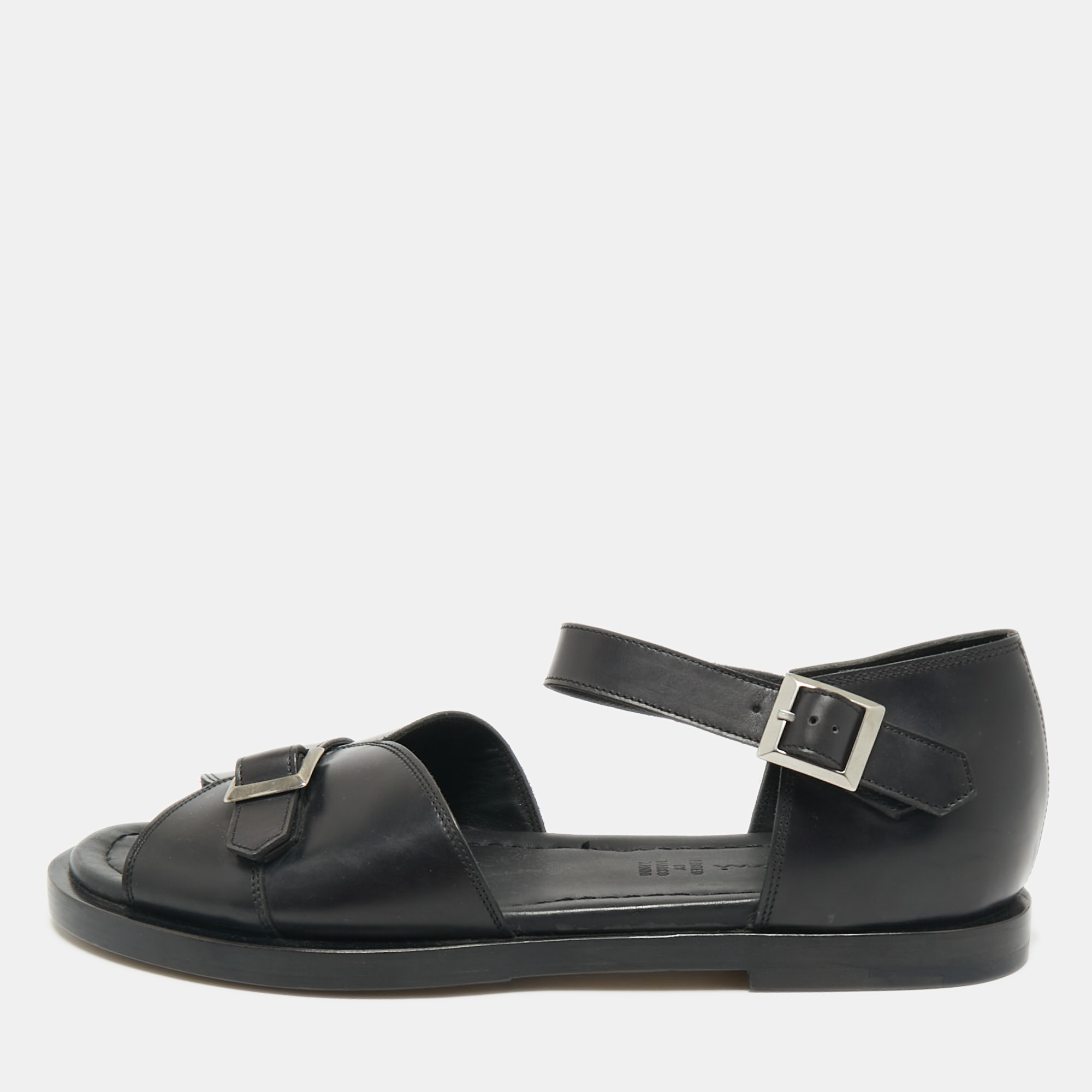 

Santoni Black Leather Buckle Strap Flat Sandals Size 44