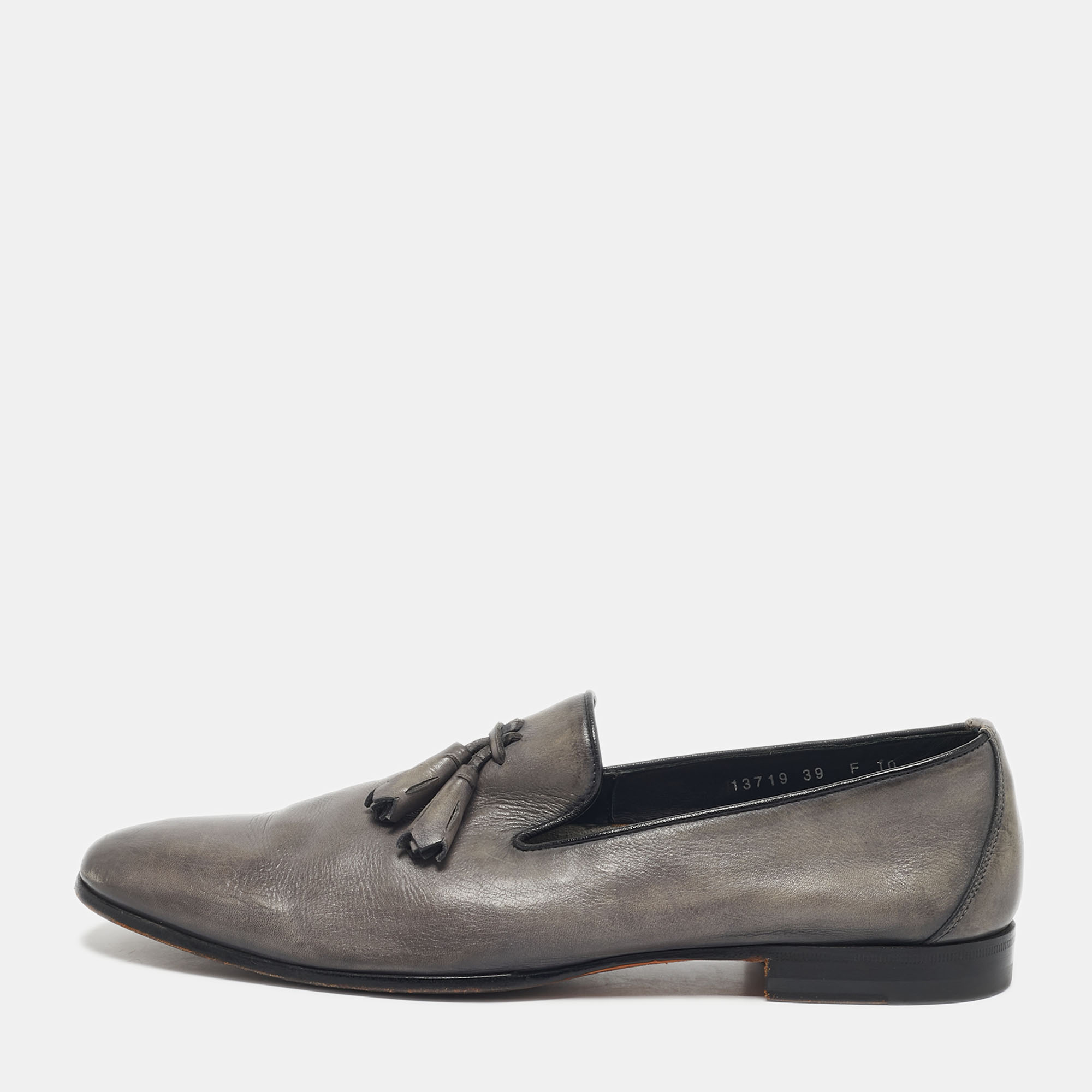 

Santoni Grey Leather Tassel Detail Slip On Loafers Size 44