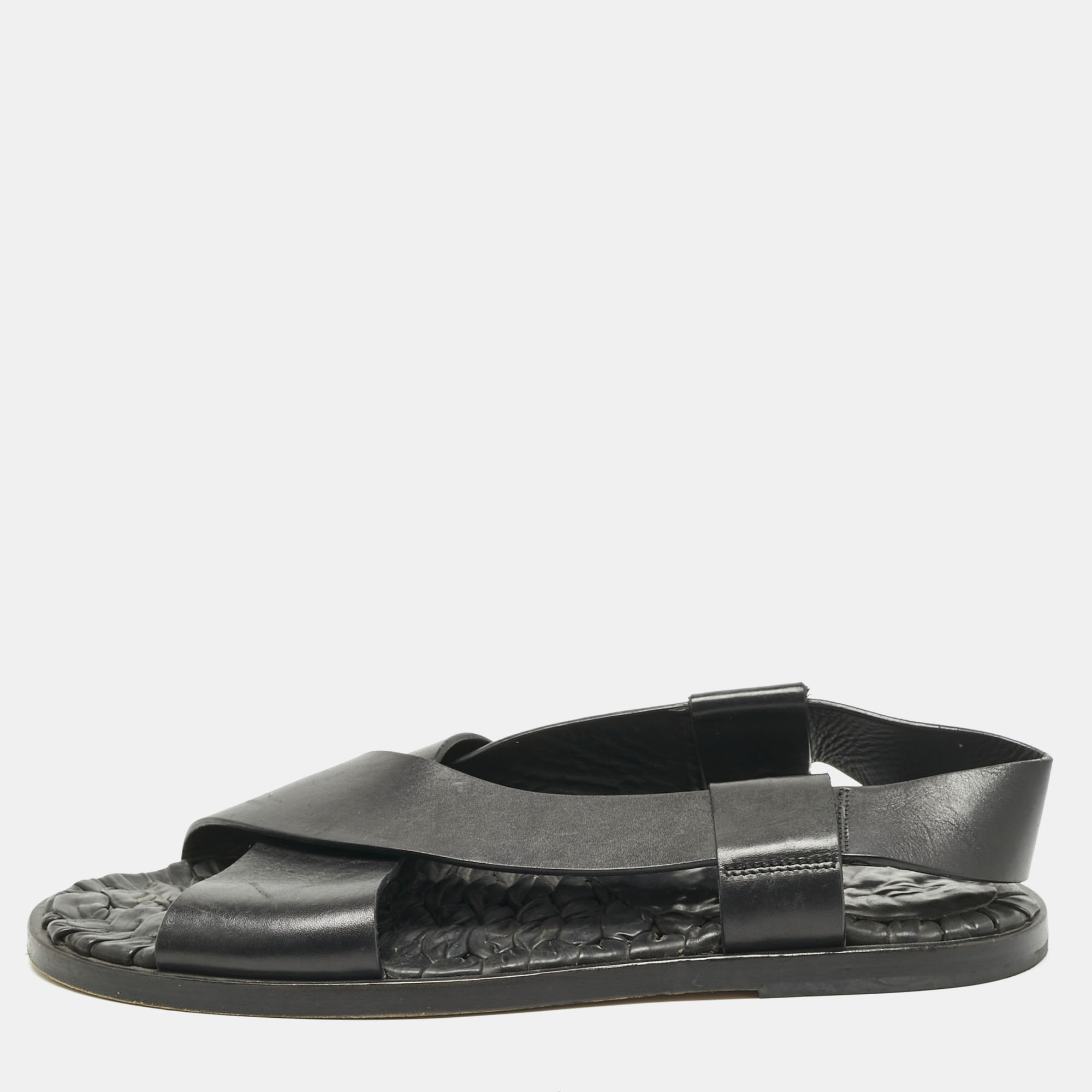 Santoni Black Leather Crisscross Flat Sandals Size 44