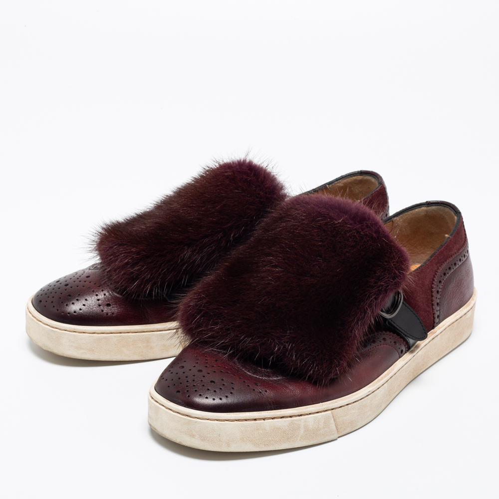 

Santoni Burgundy/Black Brogue Leather And Mink Fur Slip On Sneakers Size