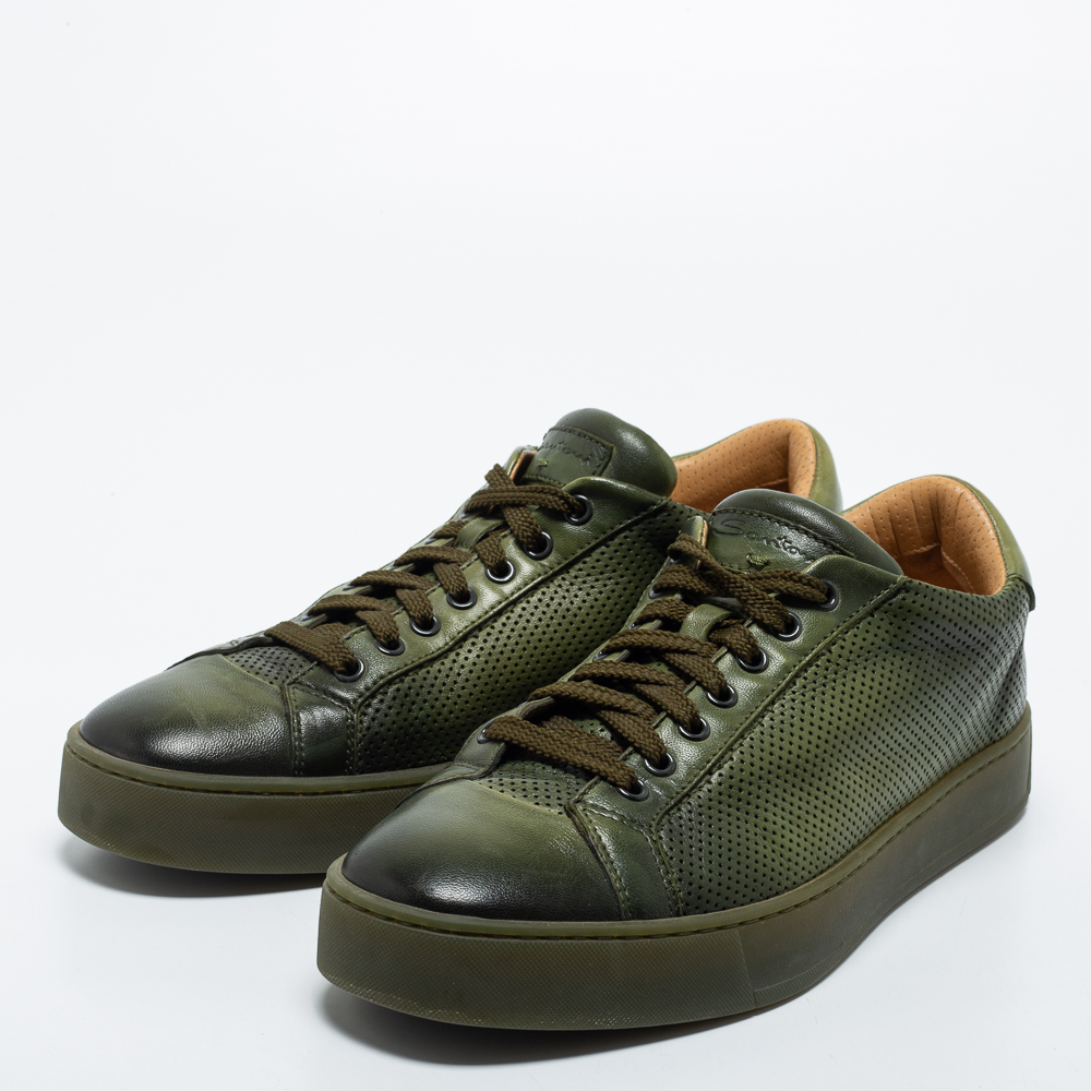 

Santoni Two Tone Perforated Leather Low Top Sneakers Size, Green