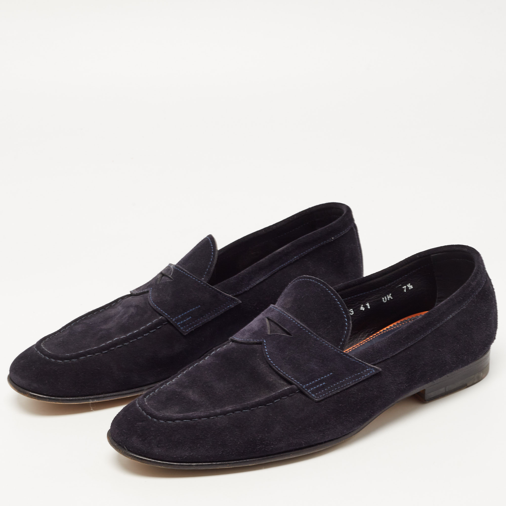 

Santoni Navy Blue Suede Penny Slip On Loafers Size