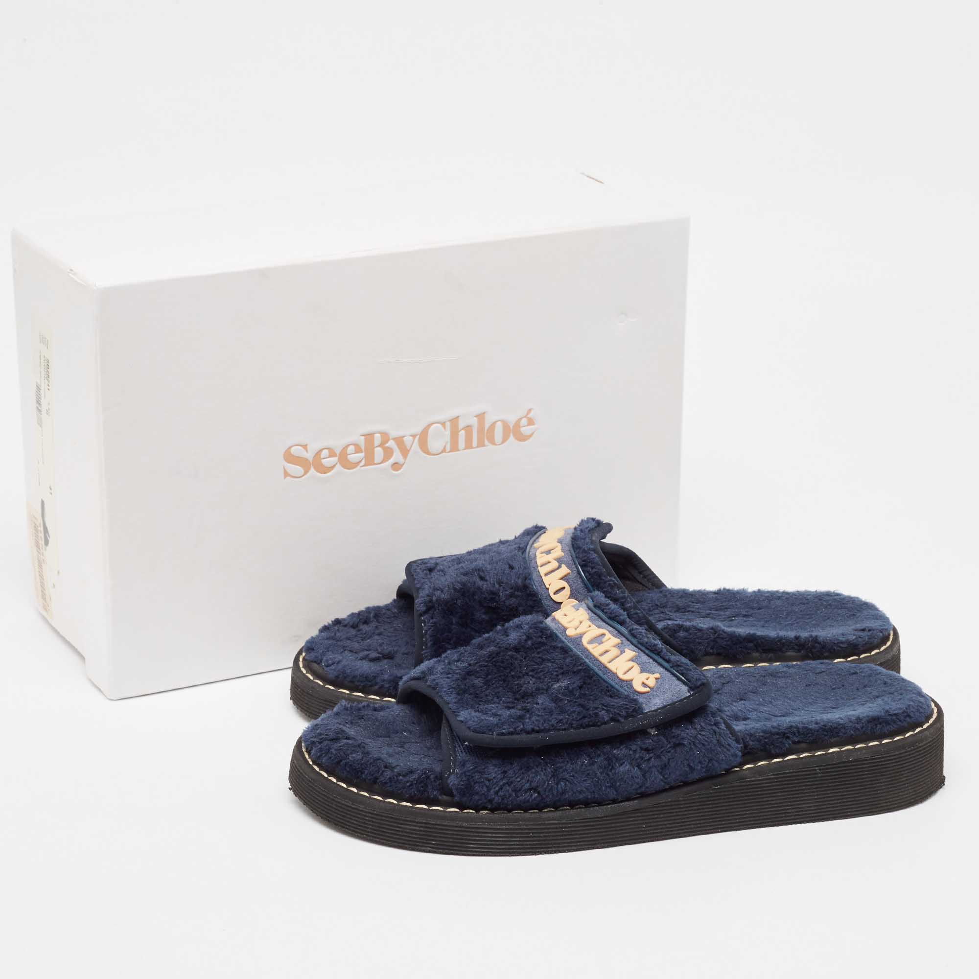 See by Chloe Navy Blue Fur Flat Slides Size 41 