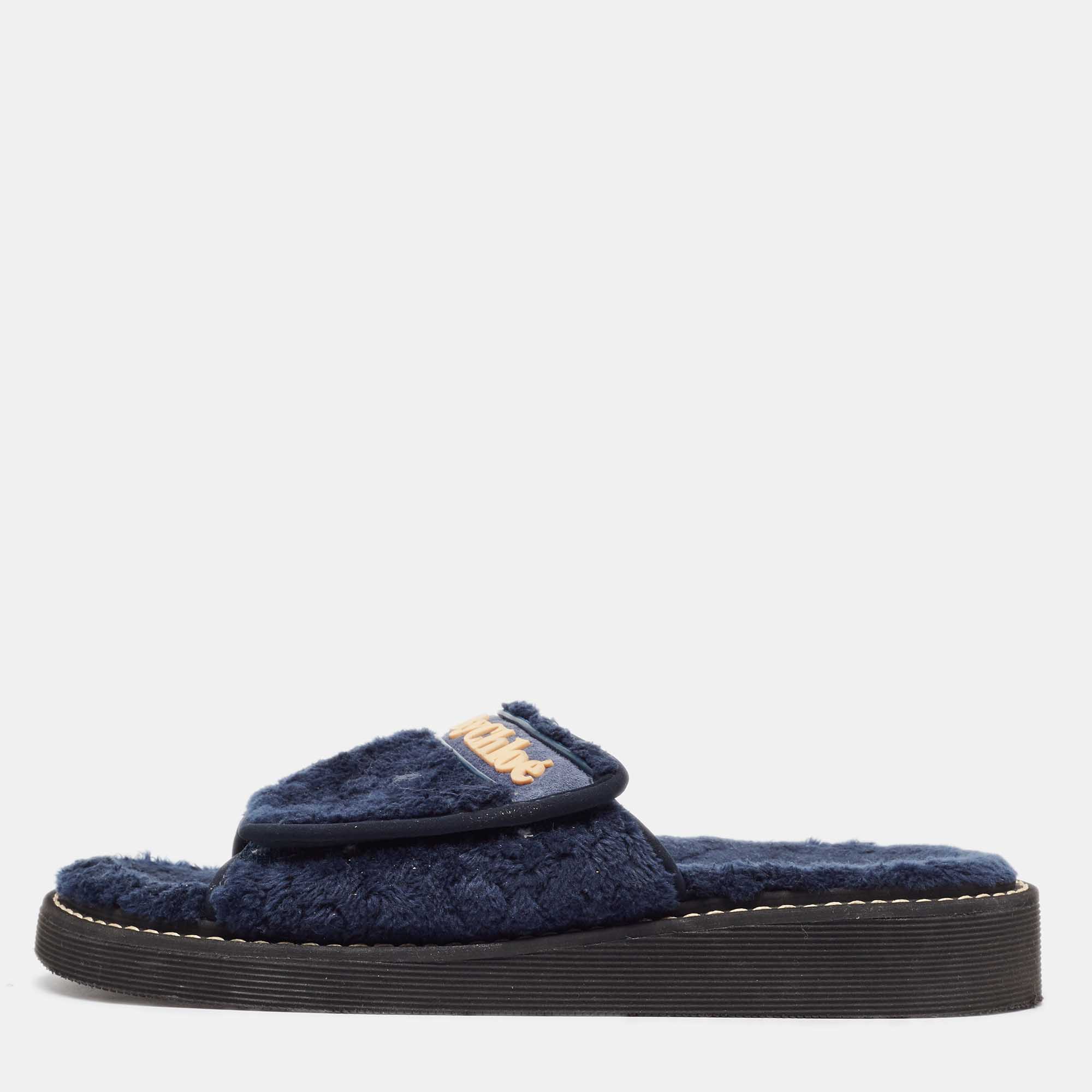 Pre-owned See By Chloé Navy Blue Fur Flat Slides Size 41