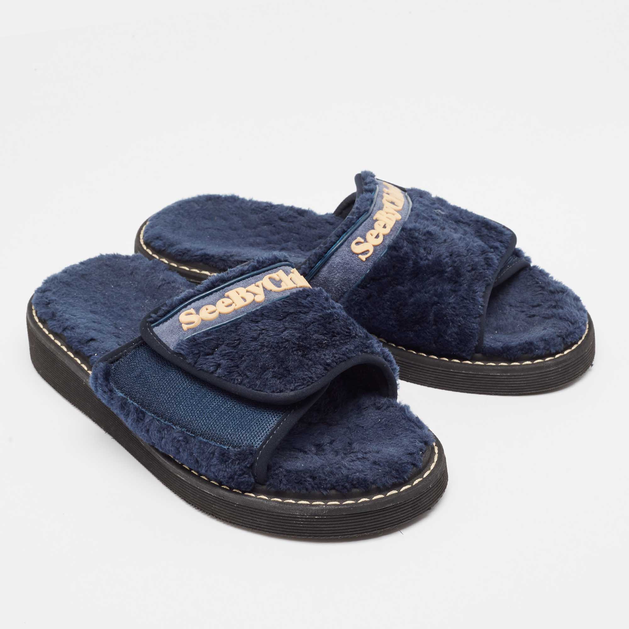 See by Chloe Navy Blue Fur Flat Slides Size 41 