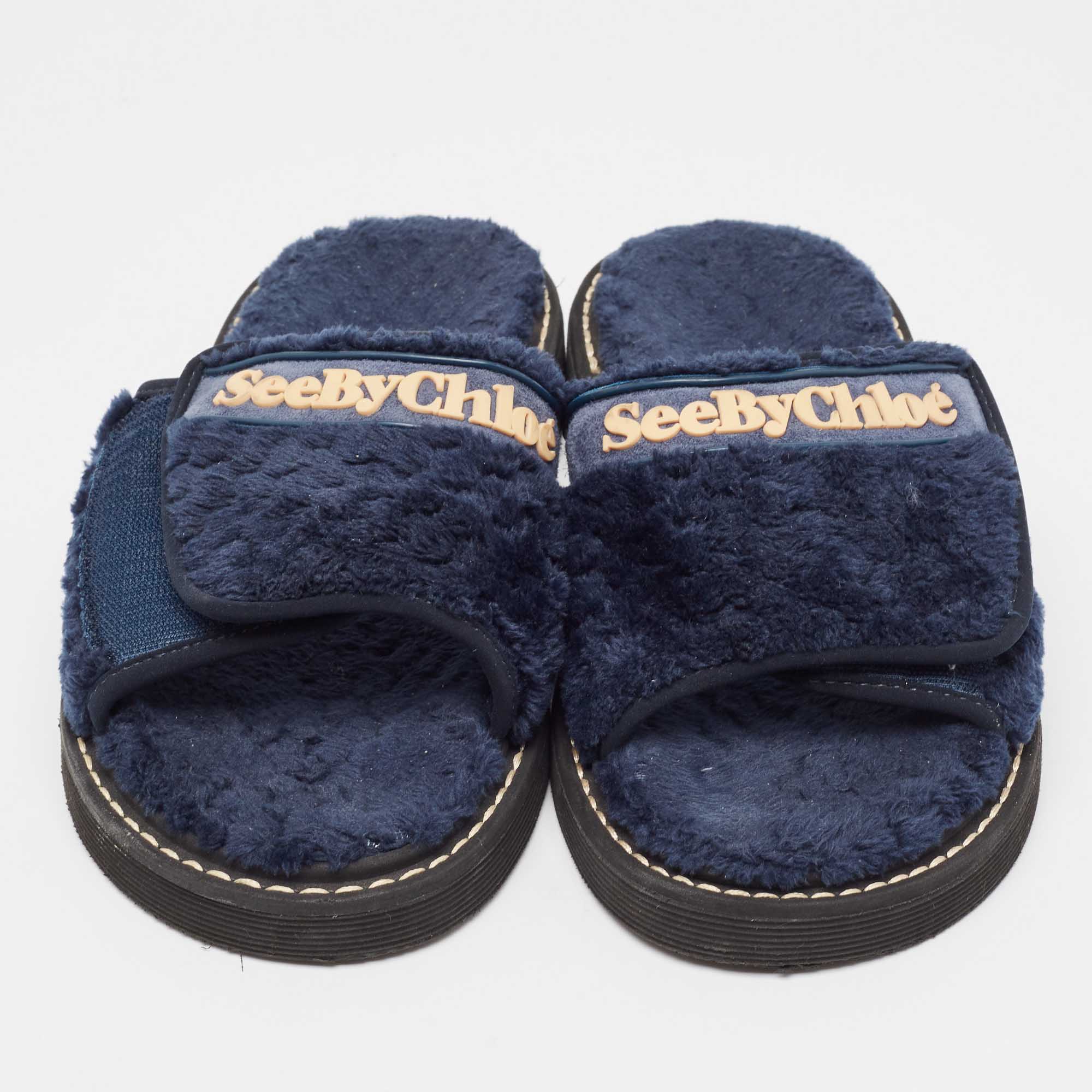 See by Chloe Navy Blue Fur Flat Slides Size 41 