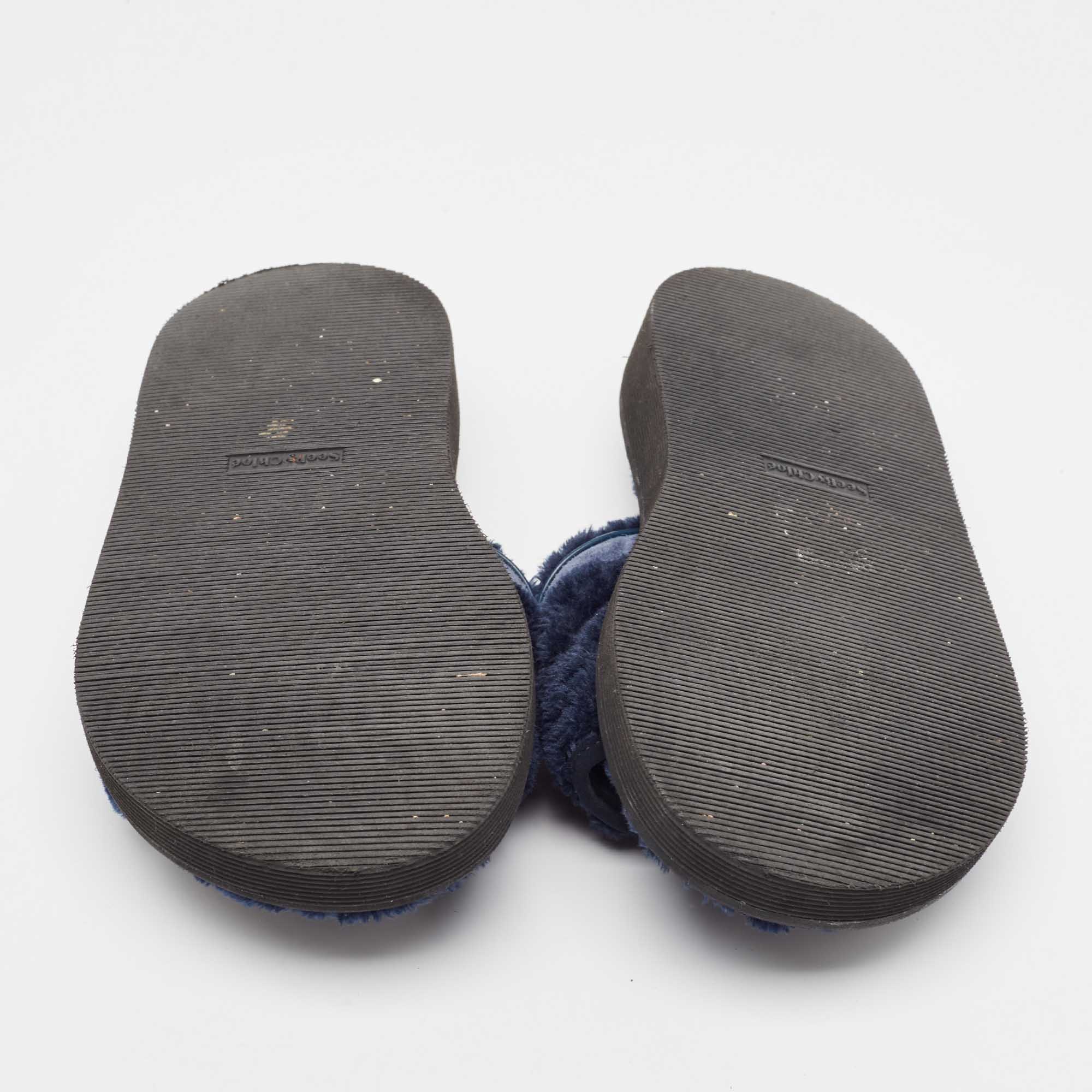 See by Chloe Navy Blue Fur Flat Slides Size 41 