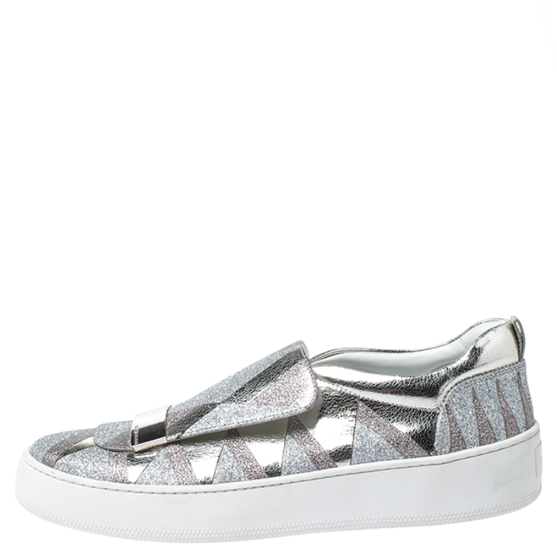 

Sergio Rossi Silver Metallic Leather and Glitter Blair Slip on Sneakers Size