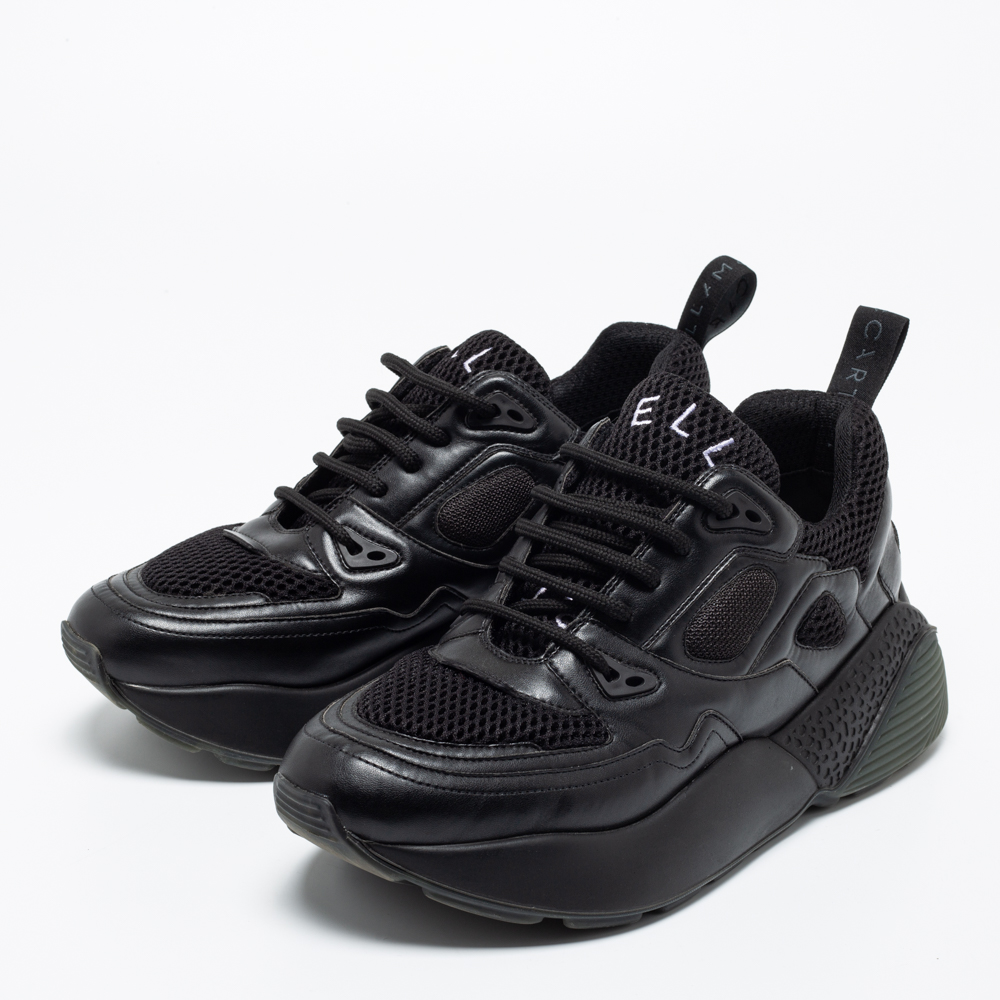 

Stella McCartney Black Faux Leather and Mesh Low-Top Sneakers Size