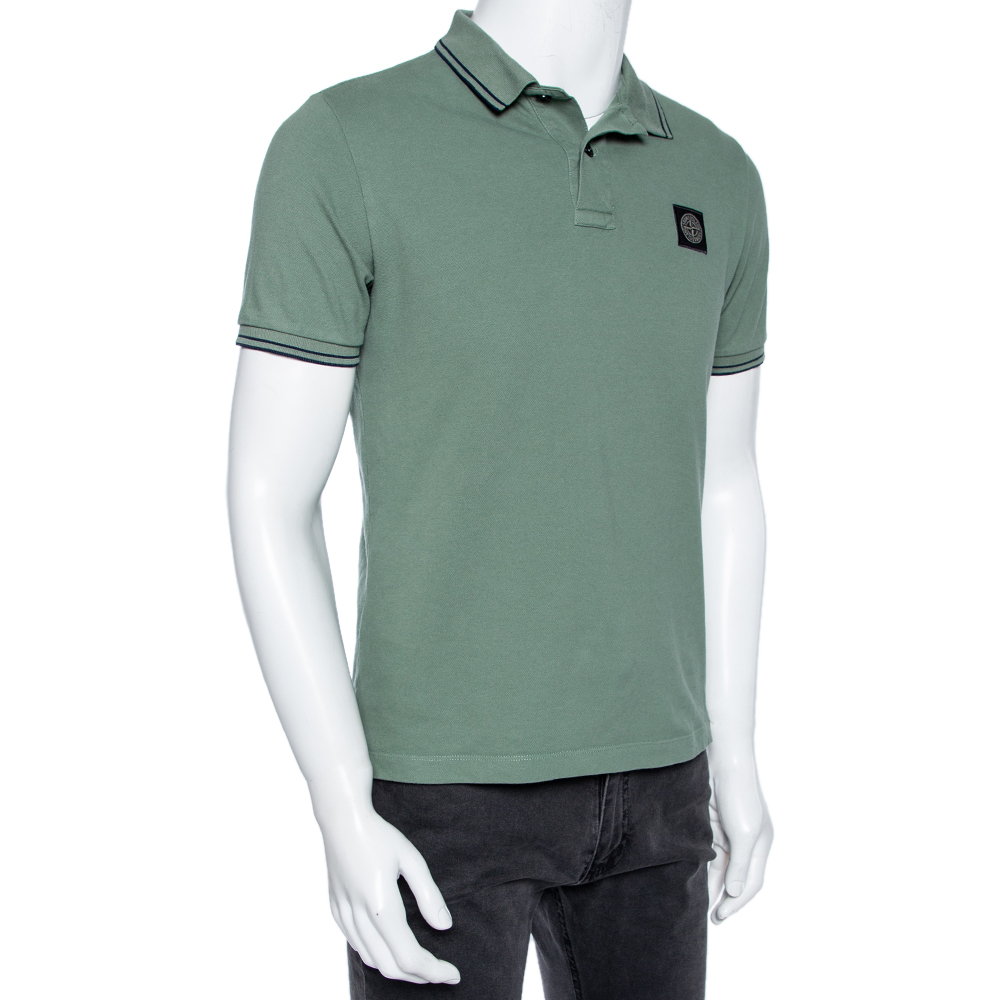 

Stone Island Green Cotton Pique Short Sleeve Slim Fit Polo T-Shirt