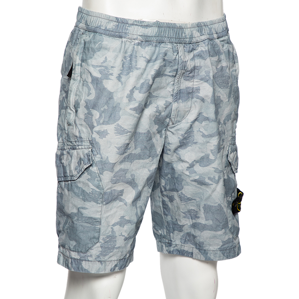 

Stone Island Blue Camouflage Printed Cotton Cargo Shorts