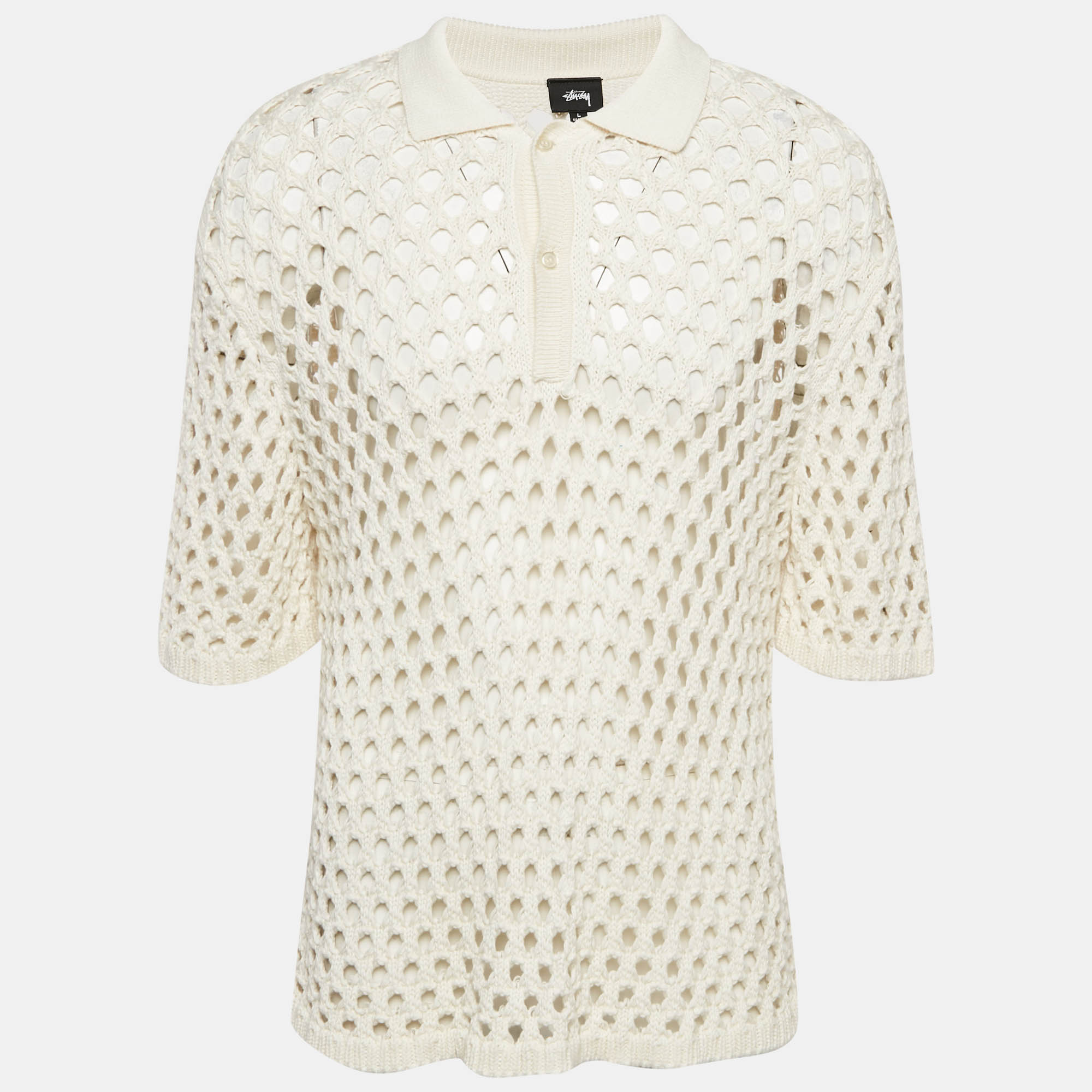 

Stussy Off White Crochet Knit Sheer Polo T-Shirt L