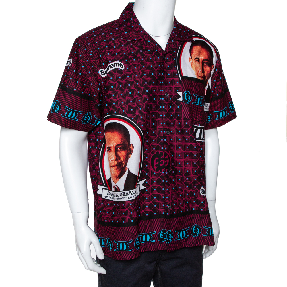 

Supreme Brick Red Cotton Obama Print Bowling Shirt