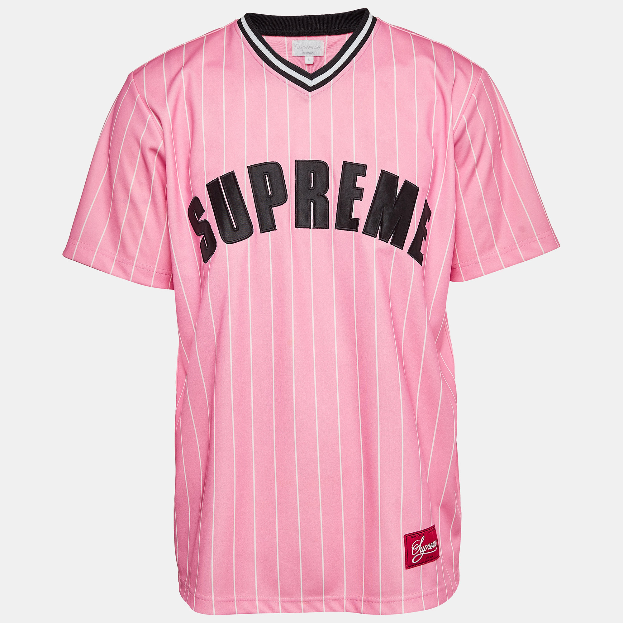 

Supreme Pink Pinstripe Jersey Logo Applique Baseball T-Shirt L