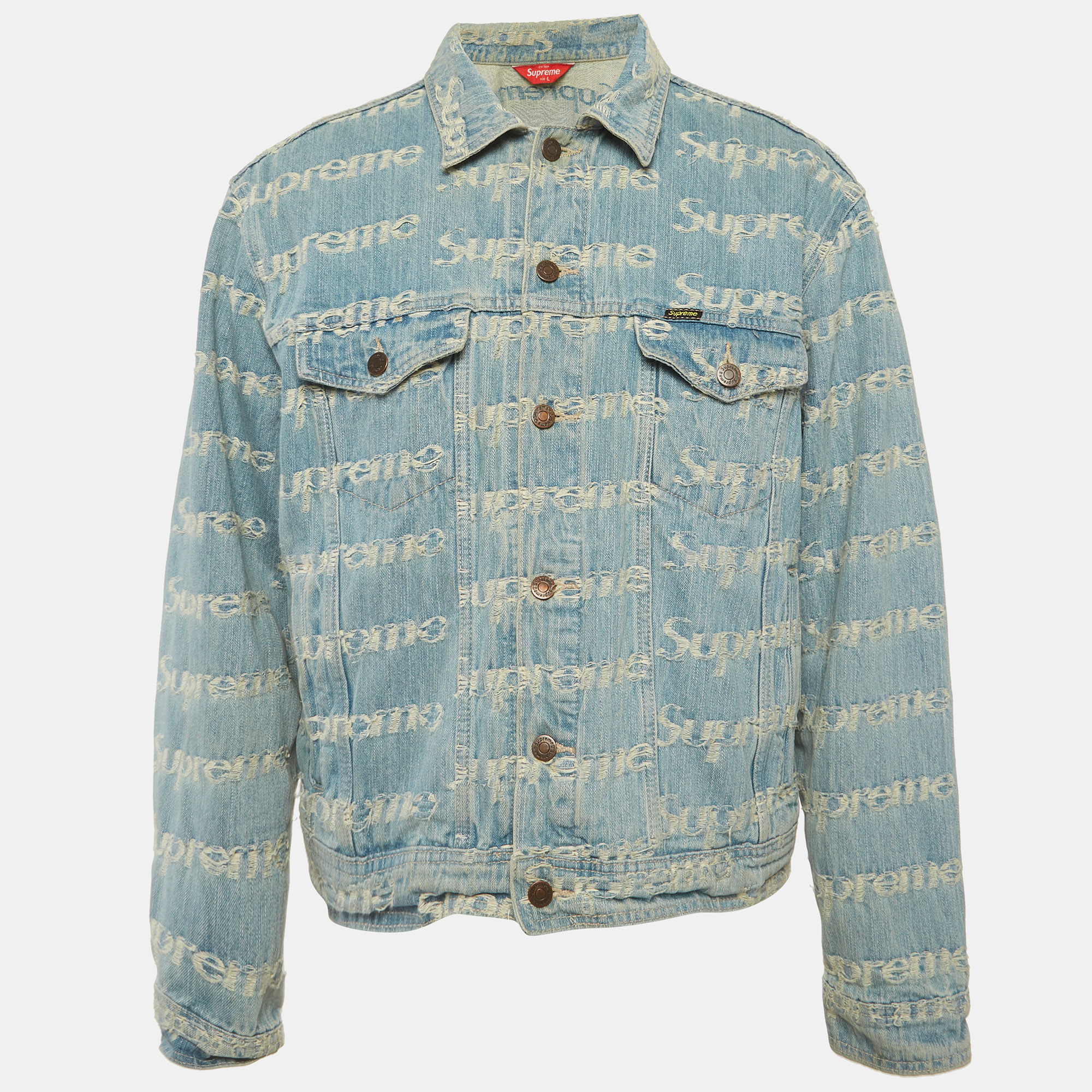 

Supreme Blue Frayed Logos Denim Trucker Jacket L