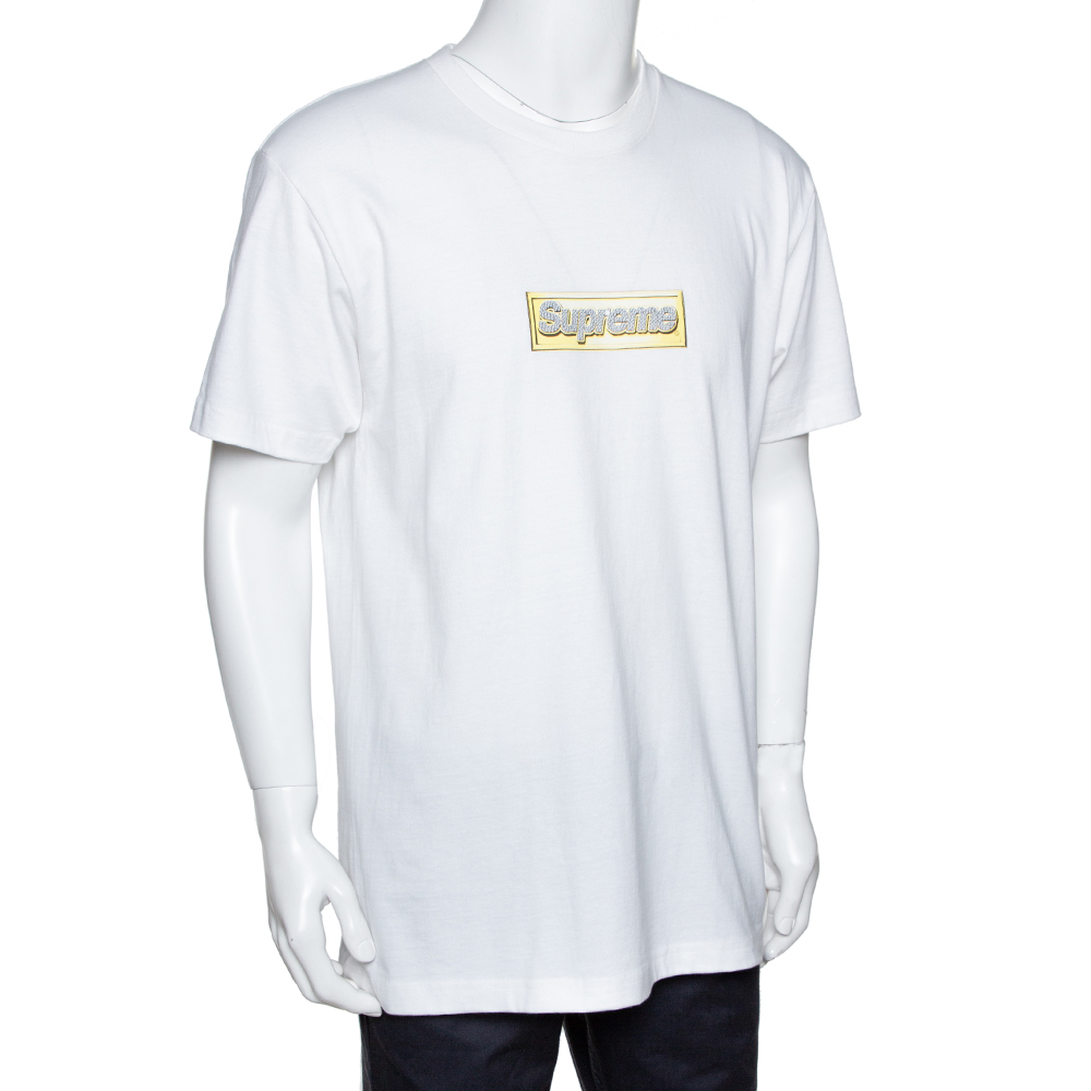 

Supreme White Cotton Crystal Logo Print Crew Neck T Shirt