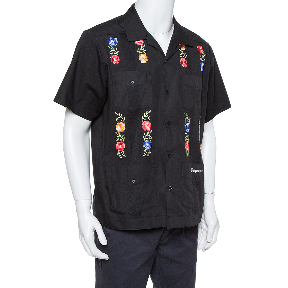 

Supreme Black Cotton Blend Flowers Guayabera Shirt