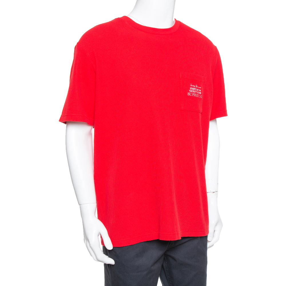 

Supreme Red Waffle Cotton Embroidered Logo Detail Crewneck T- Shirt