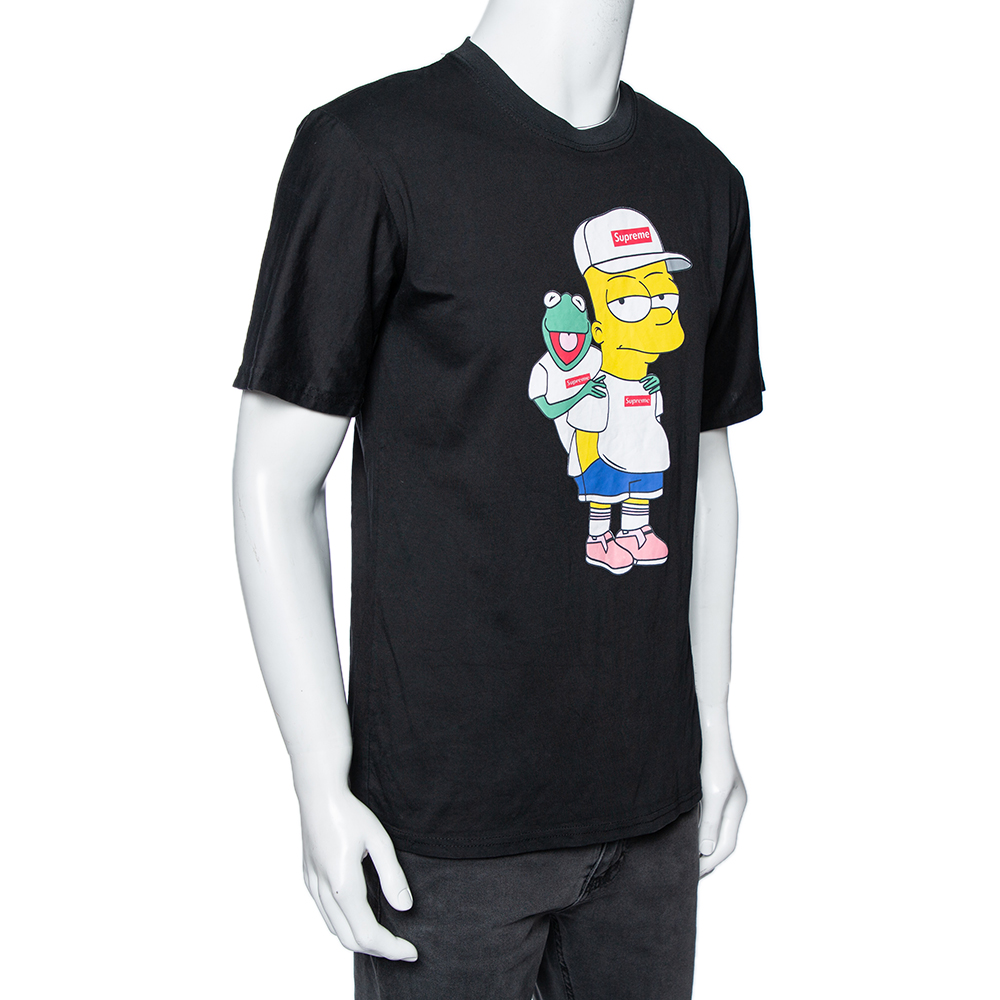 

Supreme Black Cotton Bart Simpsons Print Round Neck T-Shirt