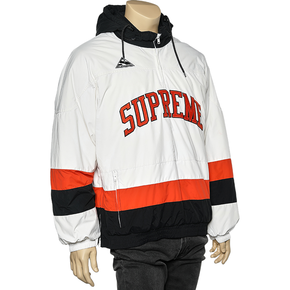 

Supreme White Synthetic Logo Embroidered Hooded Hockey Puffer Jacket