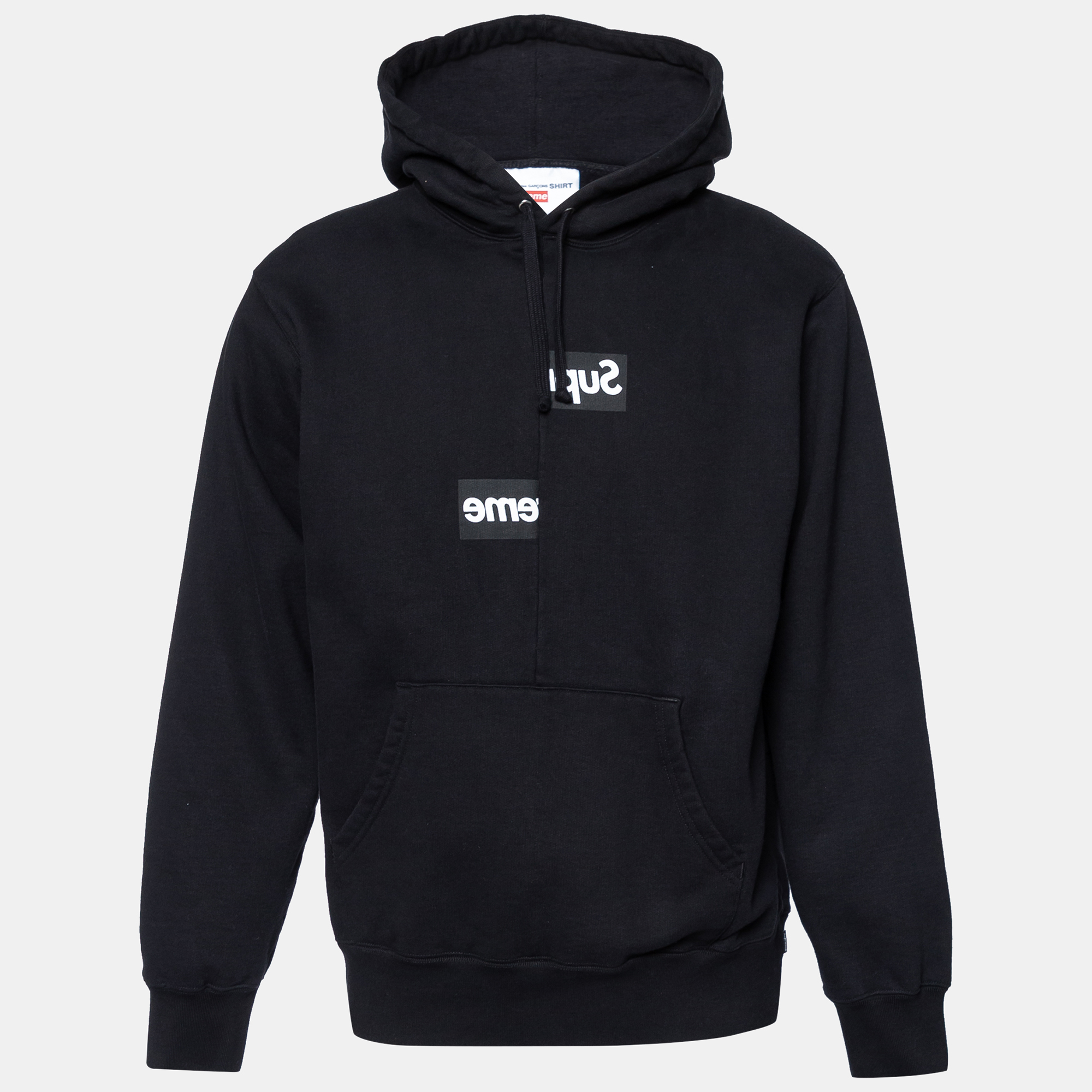 This hoodie from Supreme x Comme des Garçons is great for casual use and will help you stay comfortable. It is made from black terry knit fabric with split detailed logos elevating its look. It has long sleeves and one pocket. Match this hoodie with jeans and sneakers to sport a dapper style.