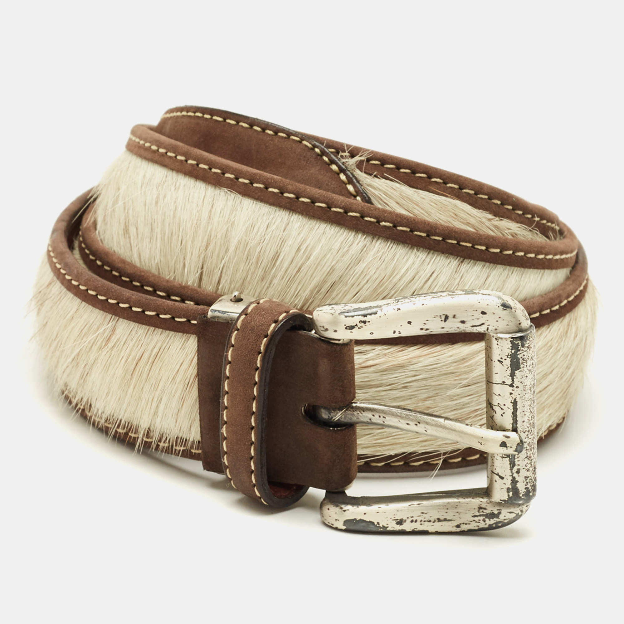 

S.T. Dupont Buckle Belt Brown/Off White Calfhair and Leather