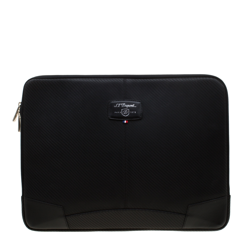 S.T. Dupont Black Leather Carbone Laptop Case Bag