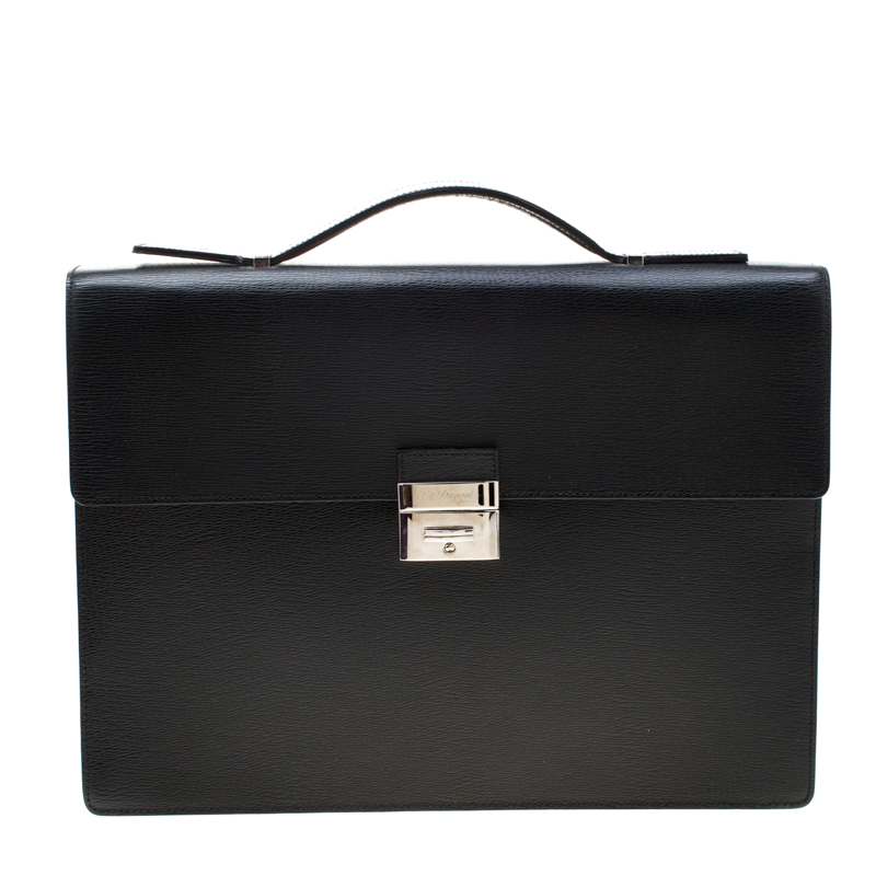 S.T. Dupont Black Leather Line D Gusset Briefcase