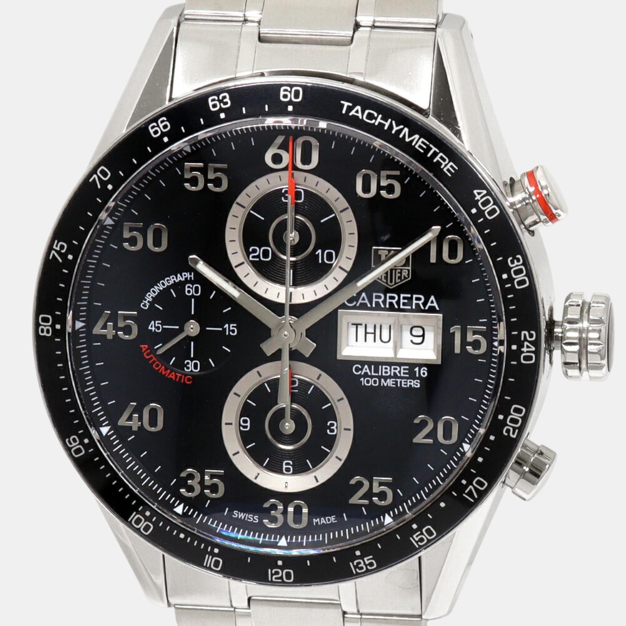 Pre-owned Tag Heuer Black Stainless Steel Carrera Cv2a10.ba0796 Automatic Men's Wristwatch 44 Mm