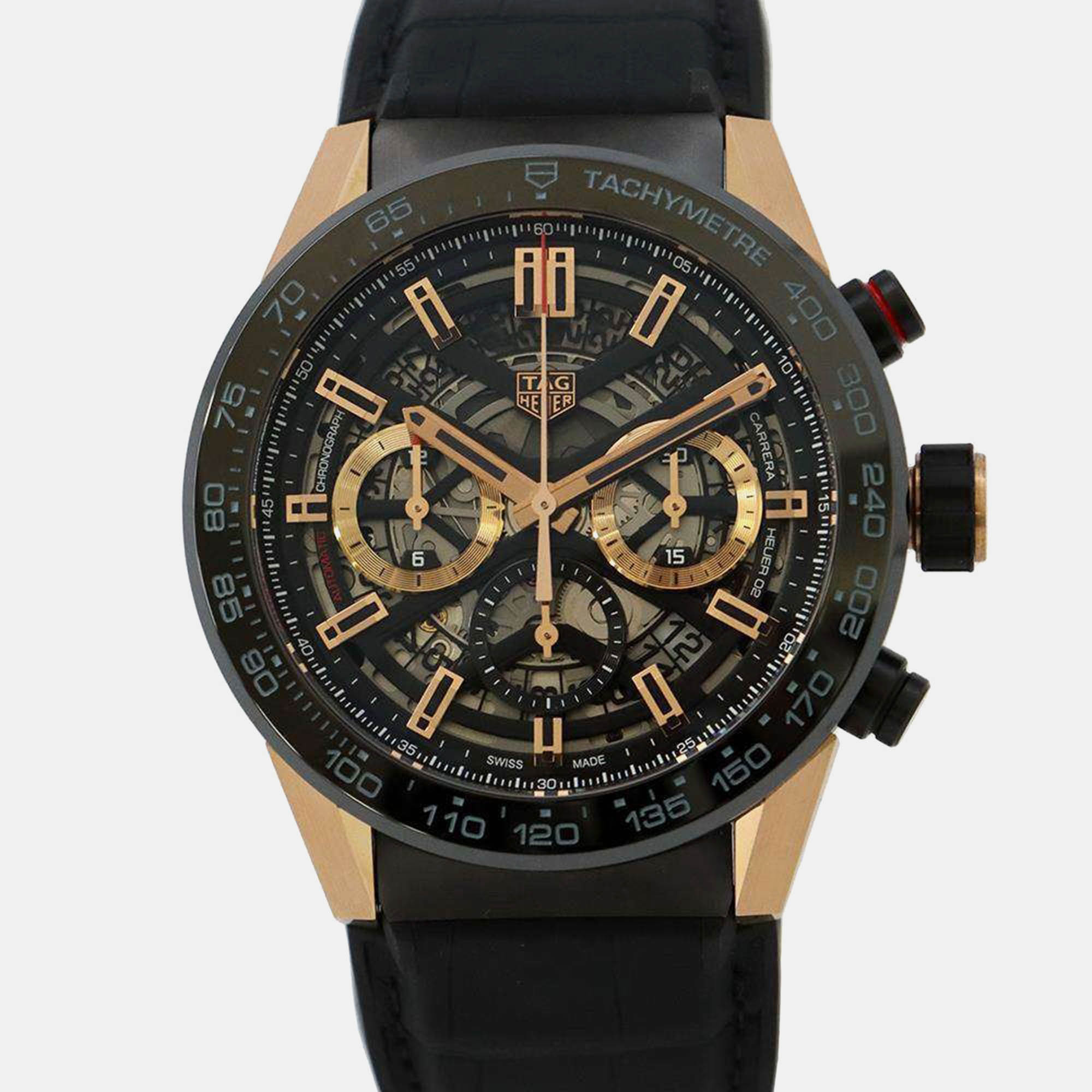 

Tag Heuer Skeleton 18k Rose Gold Carrera Automatic Men's Wristwatch 45 mm, Black