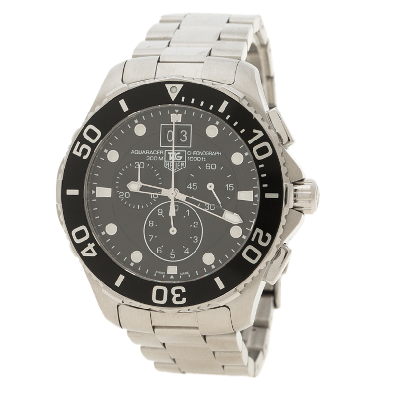 Pre Owned Tag Heuer Black Stainless Steel Aquaracer Grande Date Chronograph CAN1010 Men's Wristwatch 46 mm