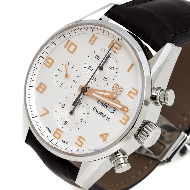 

Tag Heuer Silver White Stainless Steel Leather Carrera Caliber, Brown