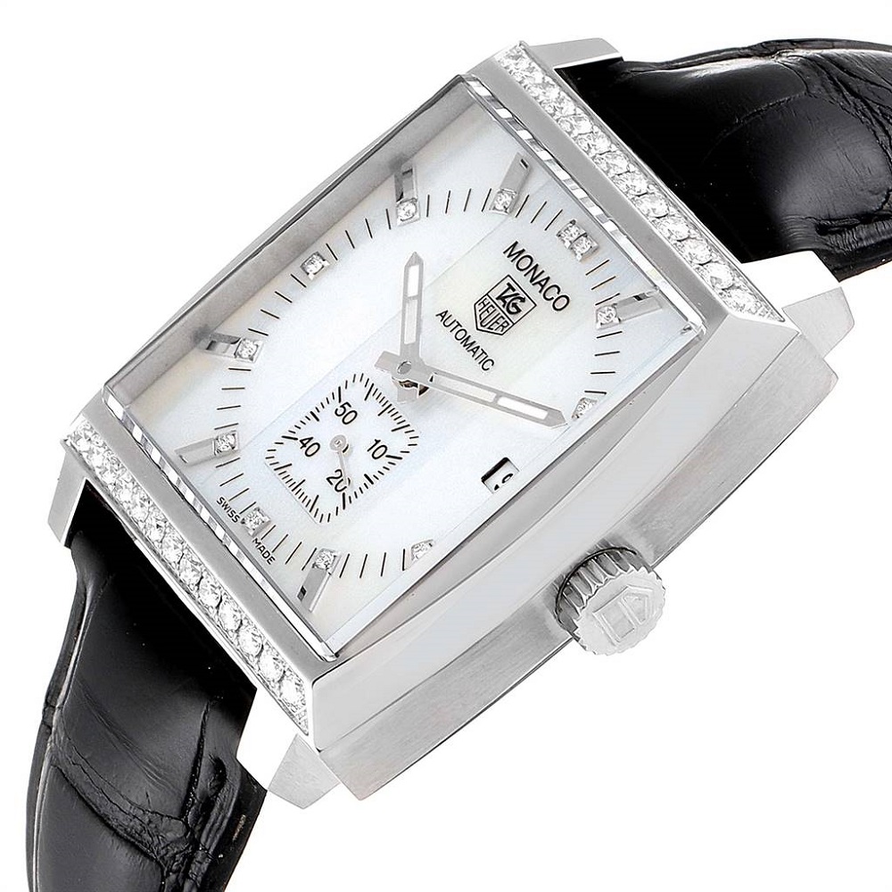 

Tag Heuer MOP Diamond Stainless Steel and Leather Monaco WW2114 Men's Wristwatch, White