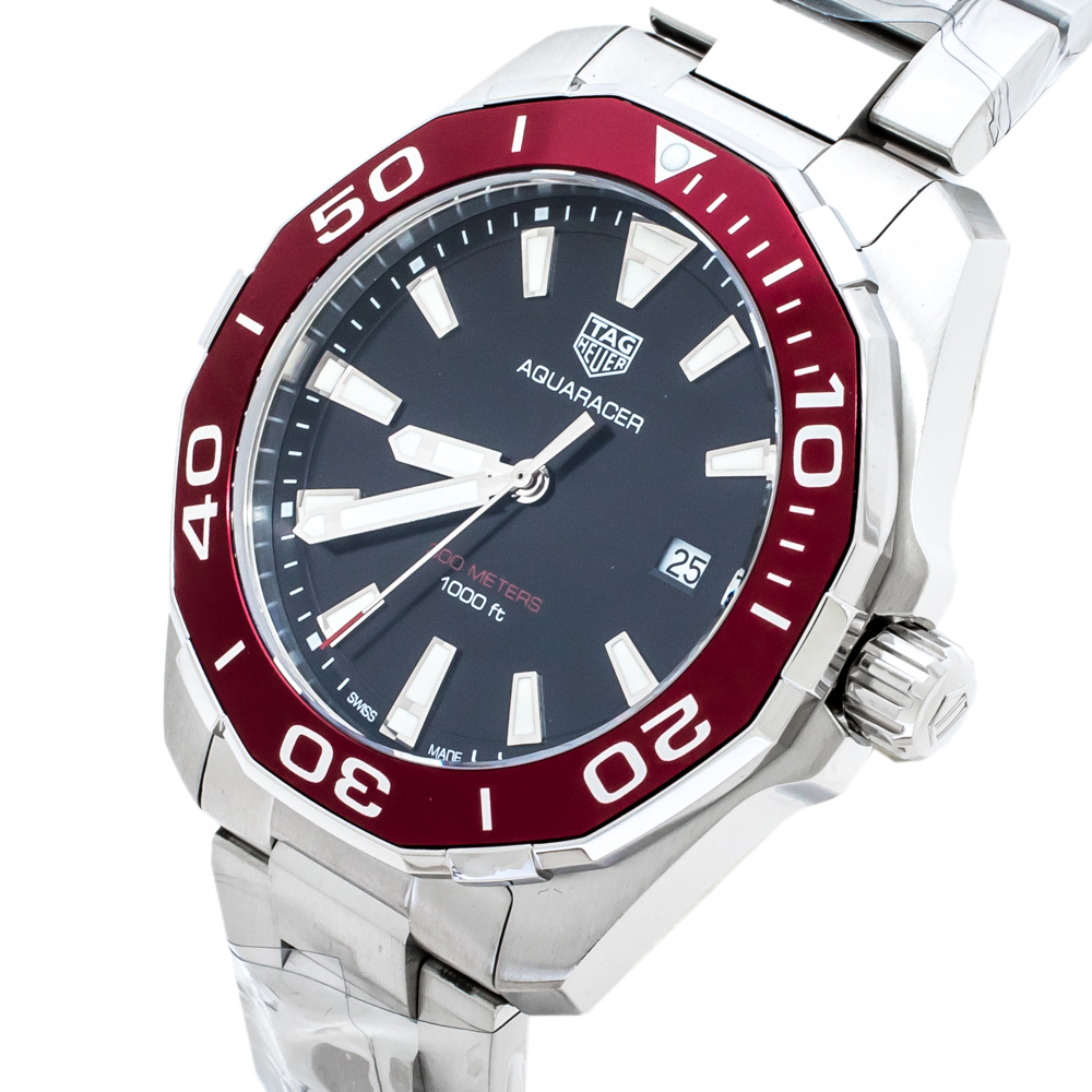 

Tag Heuer Black/Red Stainless Steel Aquaracer WAY101B.BA0746 Men's Wristwatch, Silver