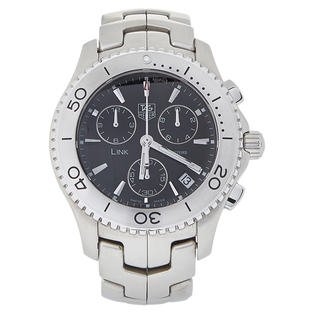 Pre-owned Tag Heuer Black Stainless Steel Chronograph Link Cj1110. Ba0576 Men's Wristwatch 42 Mm