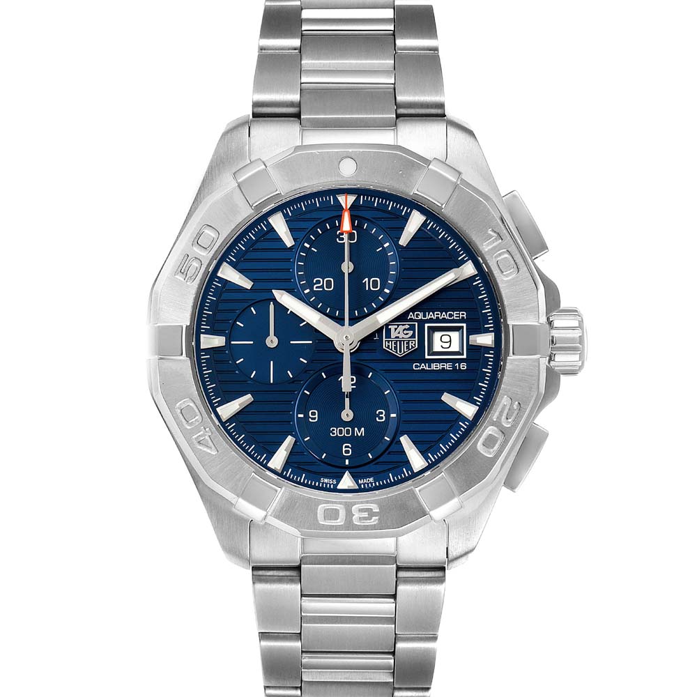 Pre-owned Tag Heuer Blue Stainless Steel Aquaracer Chronograph Cay2112 Men's Wristwatch 43 Mm