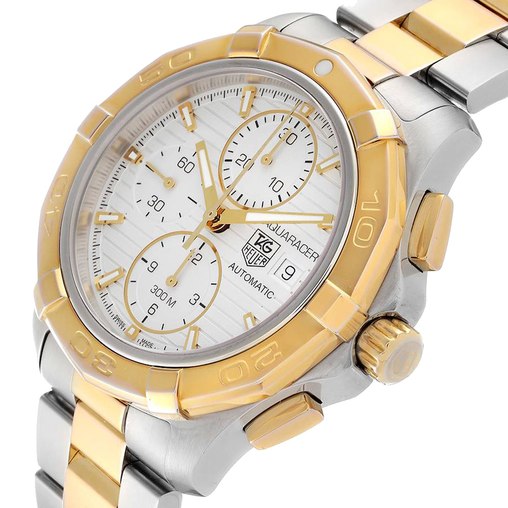 

Tag Heuer Silver 18k Yellow Gold And Stainless Steel Aquaracer Chronograph CAP2120 Men's Wristwatch 43 MM